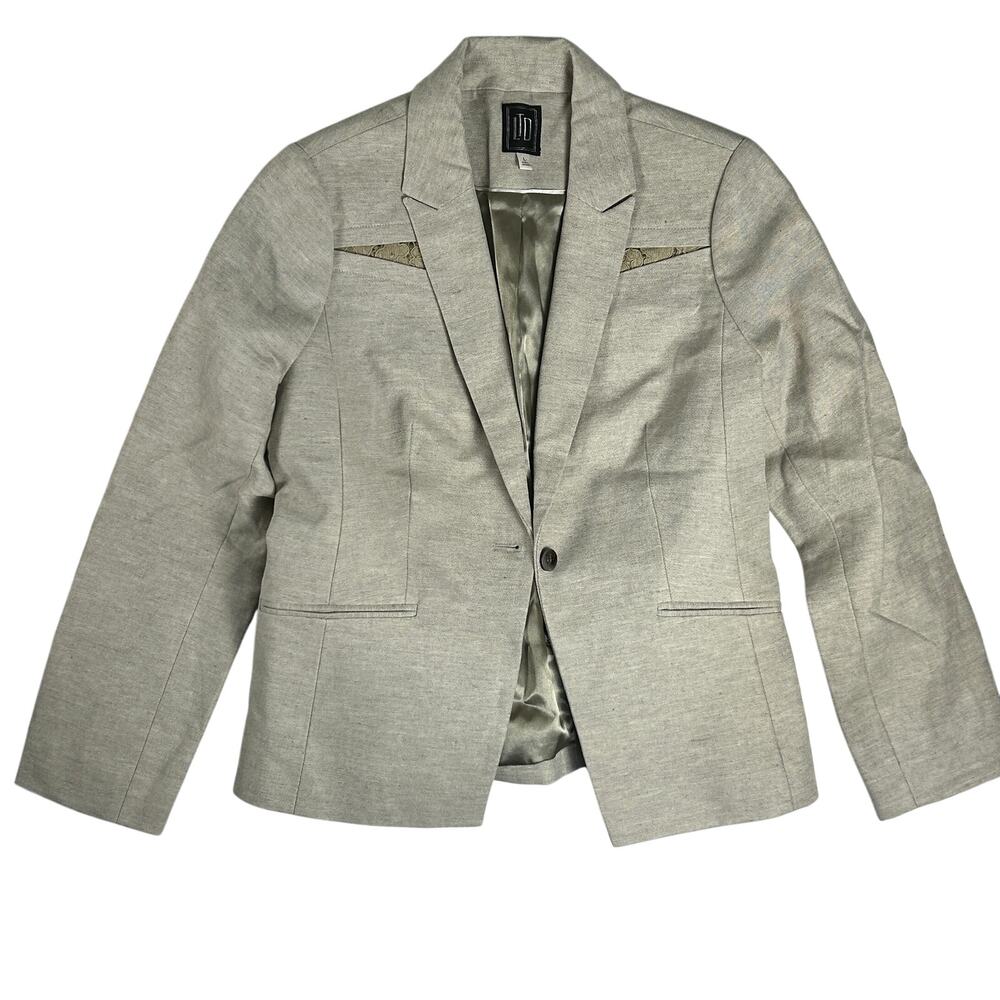 LTD Cotton Linen Blazer Womens Size L Oatmeal Lace Inset Belted Back
